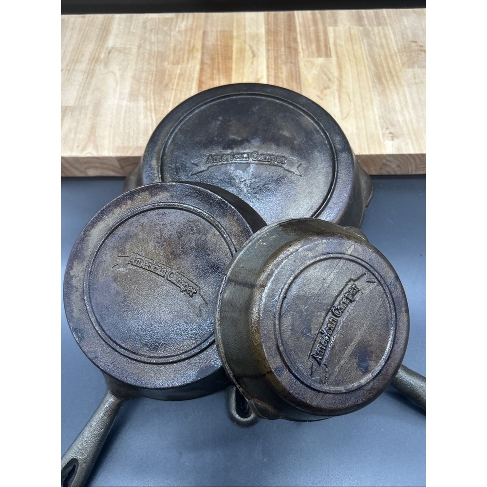 3-pc American Camper Cast Iron Skillet Nesting Frying Pans Camping Cookware